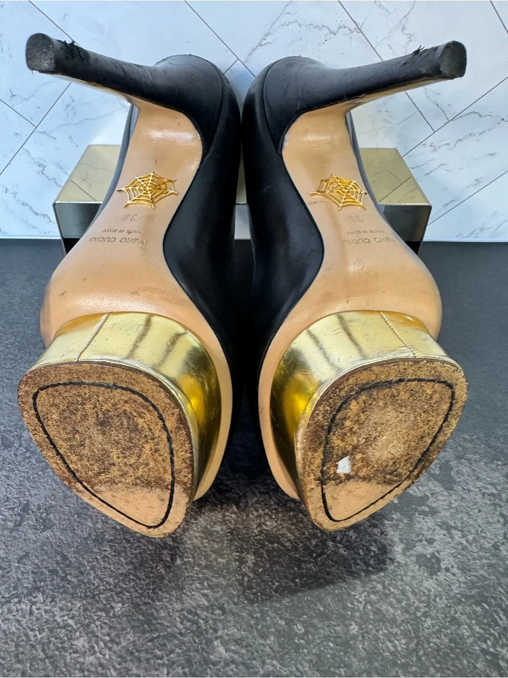 Charlotte Olympia Black Dolly Heels, Gold Platform Pumps, Size 38